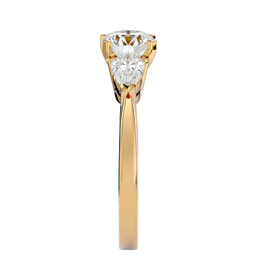 1.59 CT Round Center with Pear Side Lab Grown Diamond Three Stone Ring | 3 Stone Gold Band