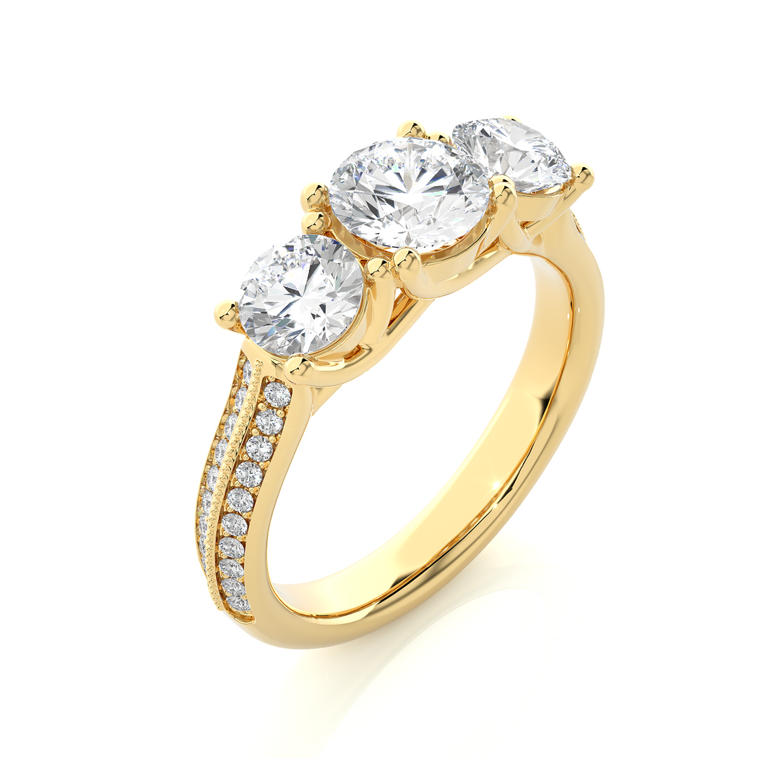 2.23 CT Round Center with Round Side Lab Grown Diamond Three Stone Ring | 43 Stone Gold Band