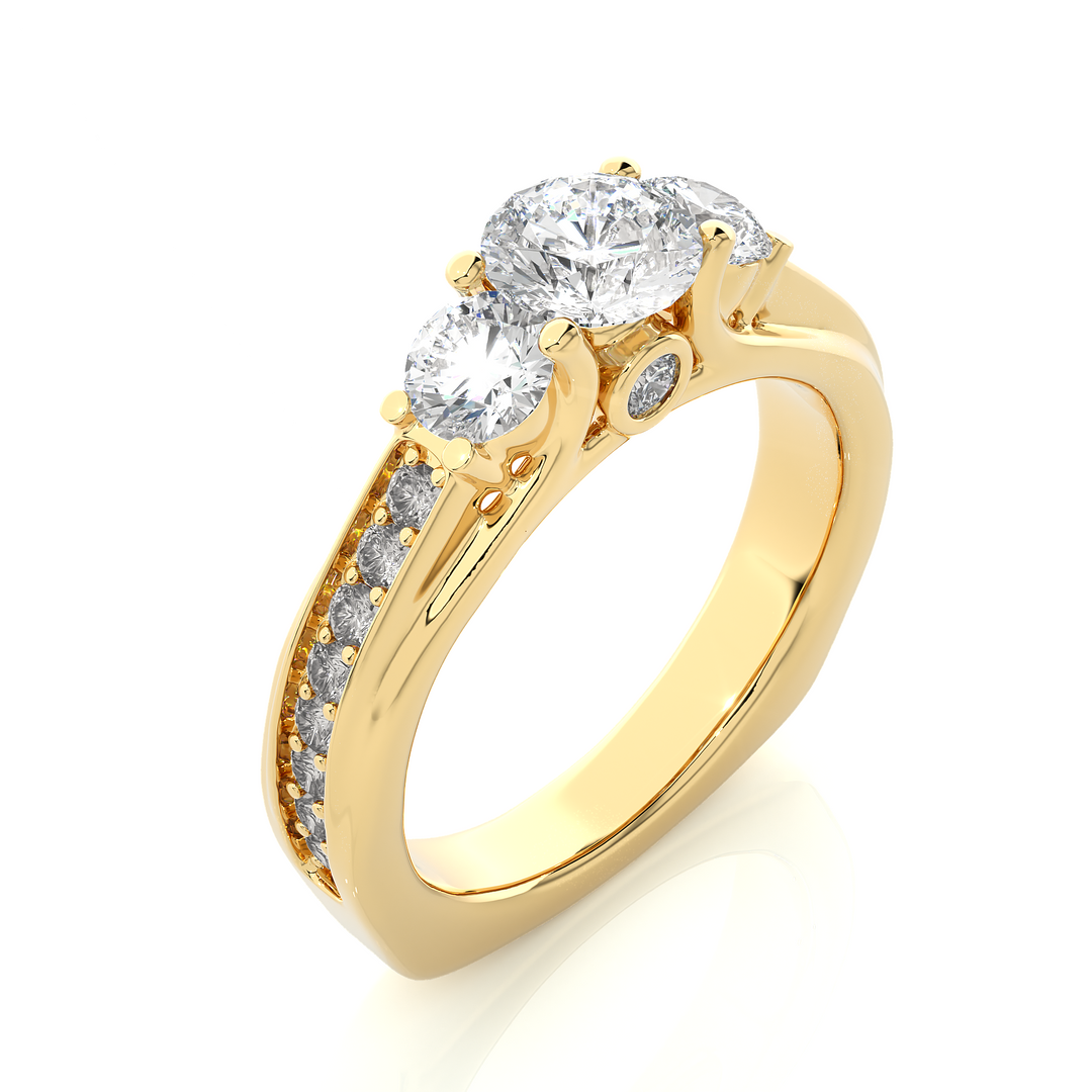 1.70 CT Round Center with Round Side Lab Grown Diamond Three Stone Ring | 21 Stone Gold Band