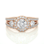 Load image into Gallery viewer, 1.43 CT Round Center with Pear &amp; Round Side Lab Grown Diamond Halo Ring | Split Shank, 83 Stone Gold Band
