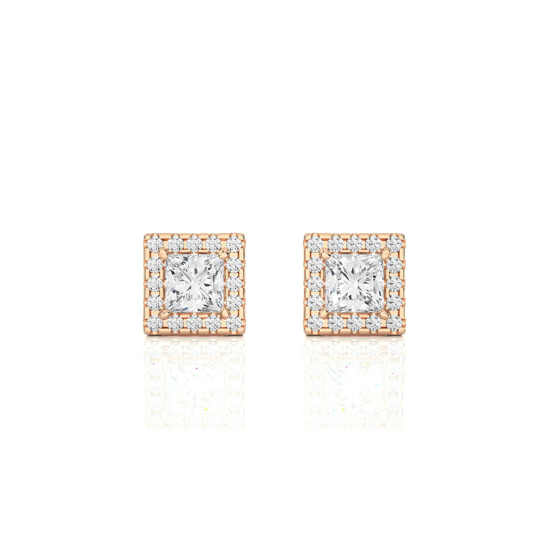 Princess & Round Lab Grown Diamond Halo Stud Earrings 2.15 CTW – 34 Stones, 10K 14K 18K White Yellow Rose Gold, IGI Certified