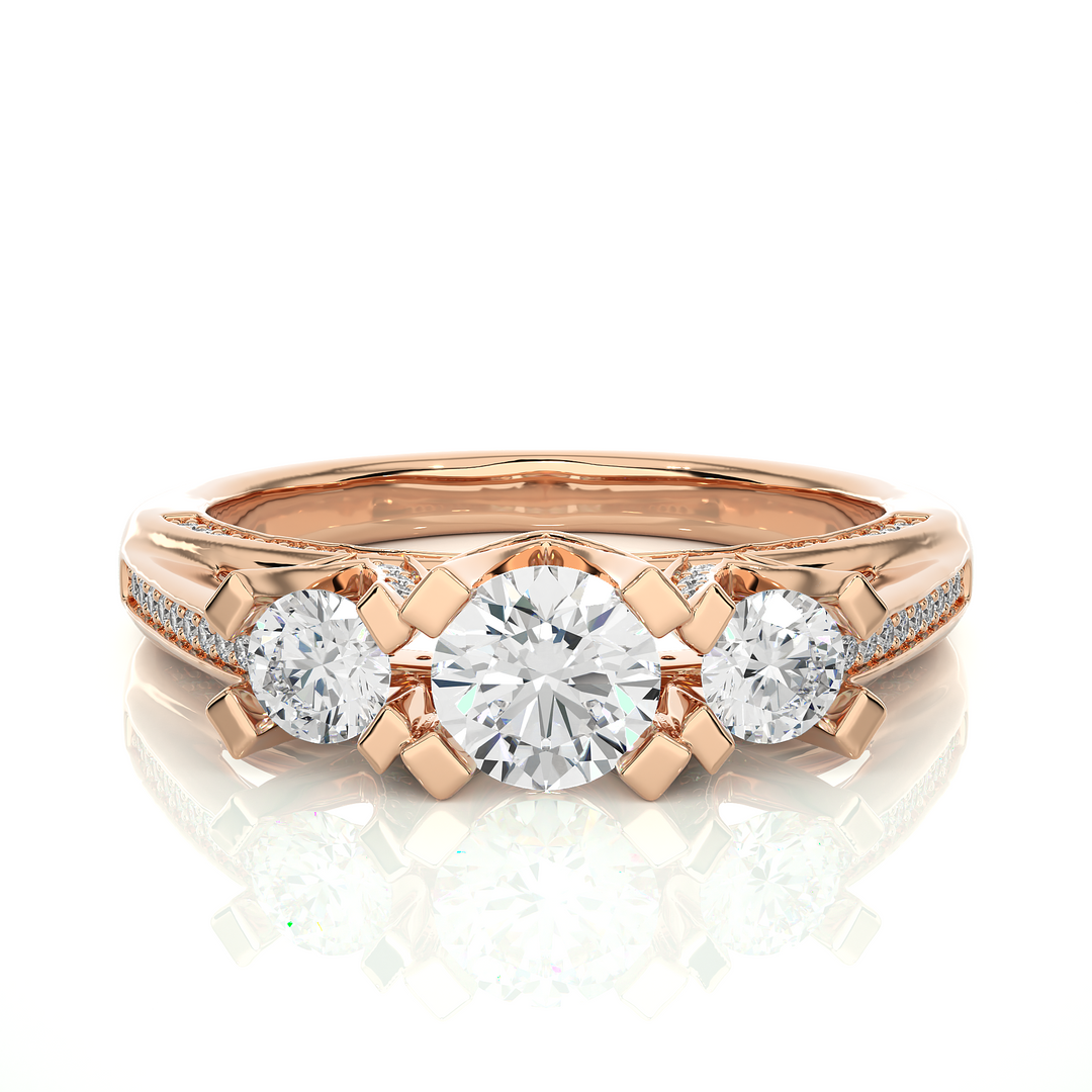1.20 Carat Three Stone Round Lab-Grown Diamond Ring | Pavé Side Stone Band