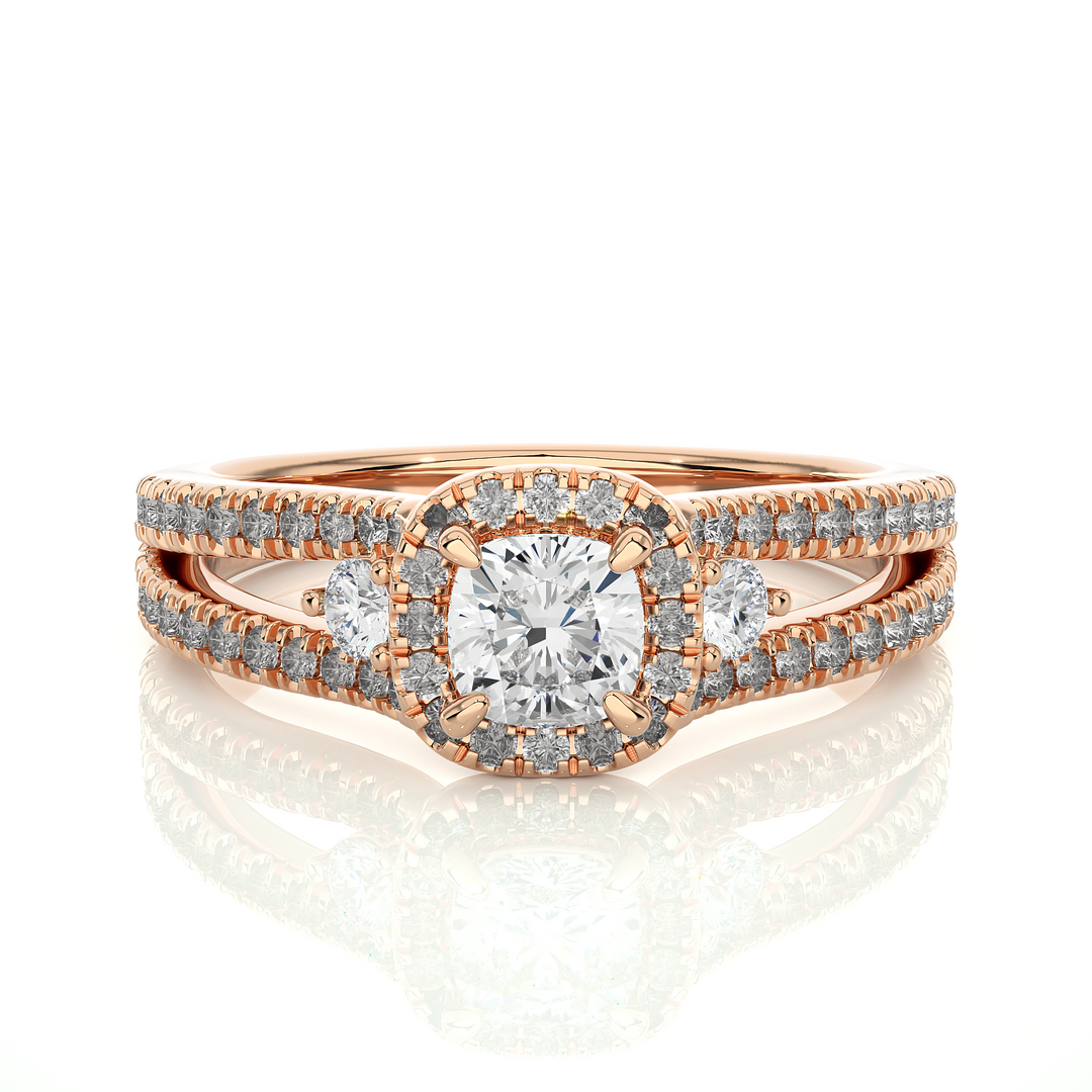 0.96 Carat Three Stone Cushion & Round Lab-Grown Diamond Ring | Micro Pavé Band