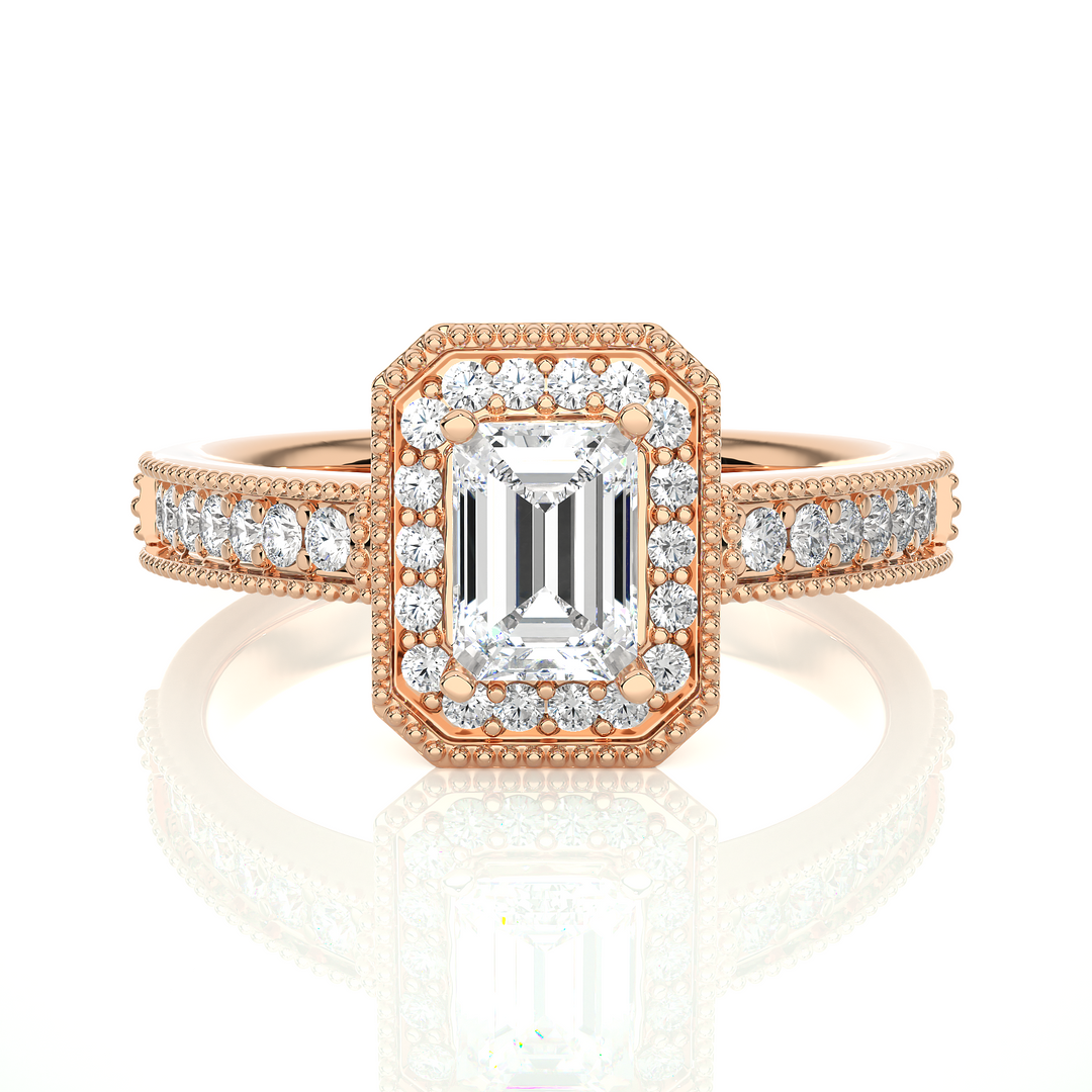 1.07 CT Emerald Halo Lab Grown Diamond Ring with Milgrain & Side Stones