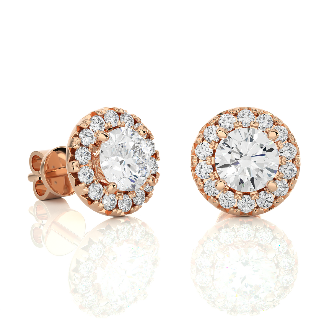 1.90 CTW Round Cut Diamond Halo Push Back Earrings, 10K 14K 18K White Yellow Rose Gold, IGI Certified