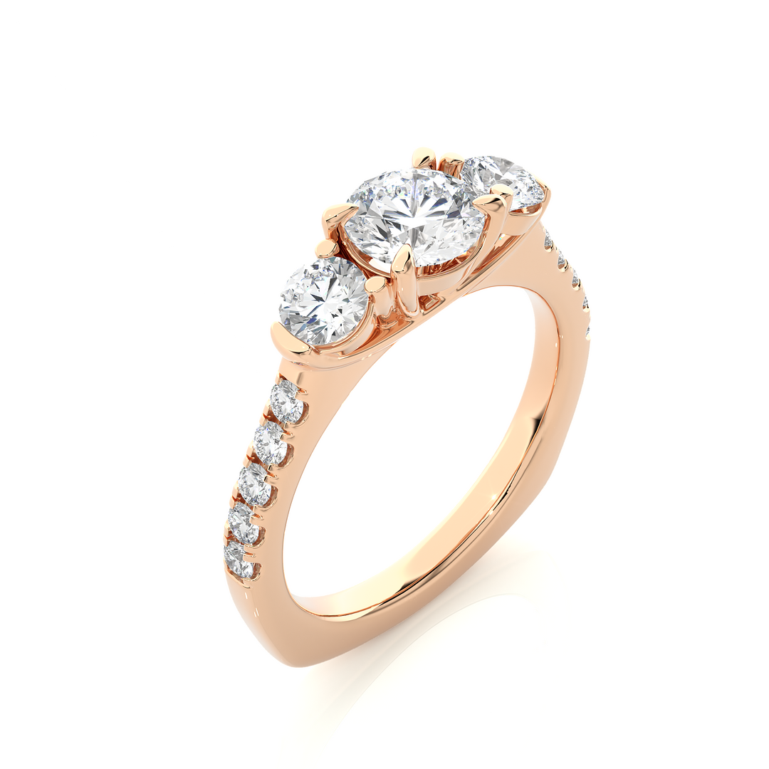 1.55 CT Round Center with Round Side Lab Grown Diamond Three Stone Ring | 13 Stone Gold Band