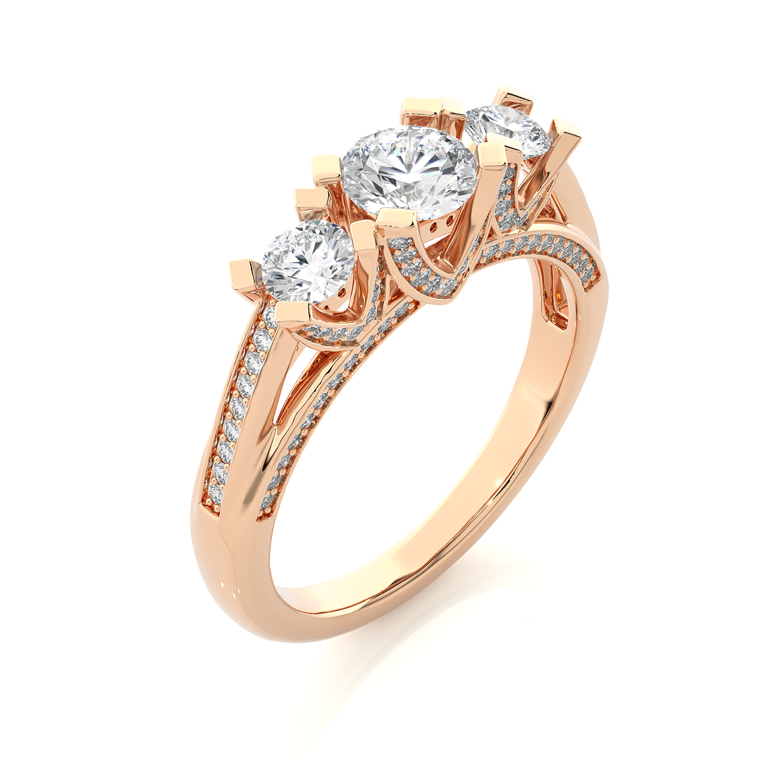 1.20 Carat Three Stone Round Lab-Grown Diamond Ring | Pavé Side Stone Band