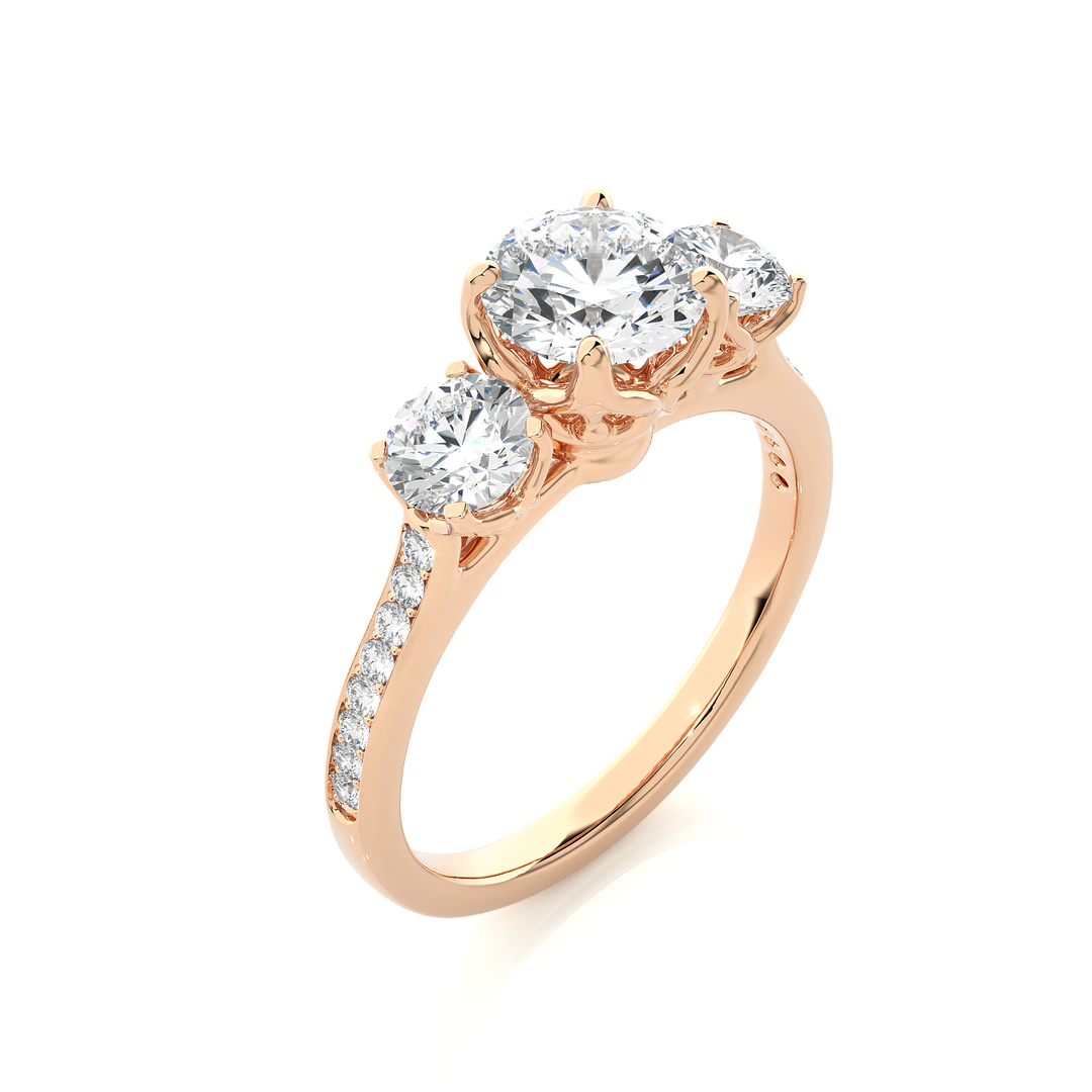1.80 CT Round Center with Round Side Lab Grown Diamond Three Stone Ring | 19 Stone Gold Band