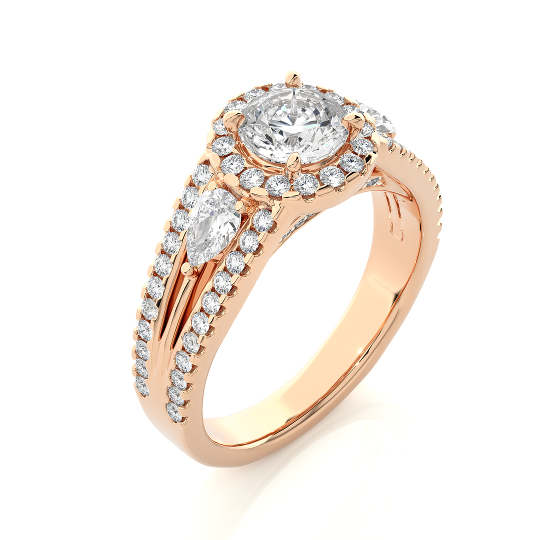 1.43 CT Round Center with Pear & Round Side Lab Grown Diamond Halo Ring | Split Shank, 83 Stone Gold Band