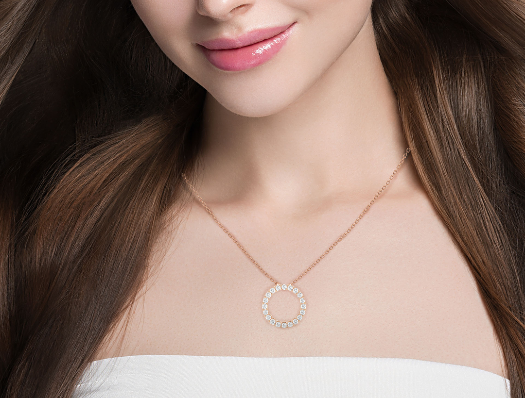 1.64 CT Lab-Grown Diamond Round Circle Pendant Necklace | Solid Gold | 20 Round Diamonds