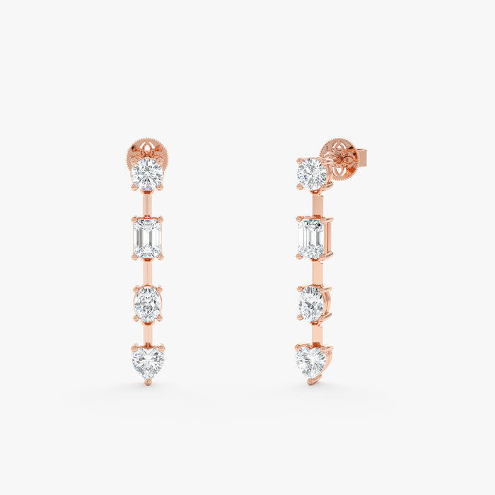 Mixed-Cut Lab-Grown Diamond Long Dangle Earrings 1.34 CTW – 8 Stones | Round, Emerald, Oval & Heart | 10K, 14K, 18K Gold | IGI Certified