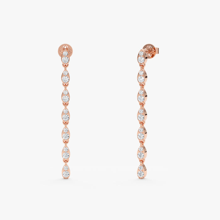 Marquise-Style Round Lab-Grown Diamond Long Dangle Earrings 0.86 CTW – 28 Stones | 10K, 14K, 18K Gold | IGI Certified