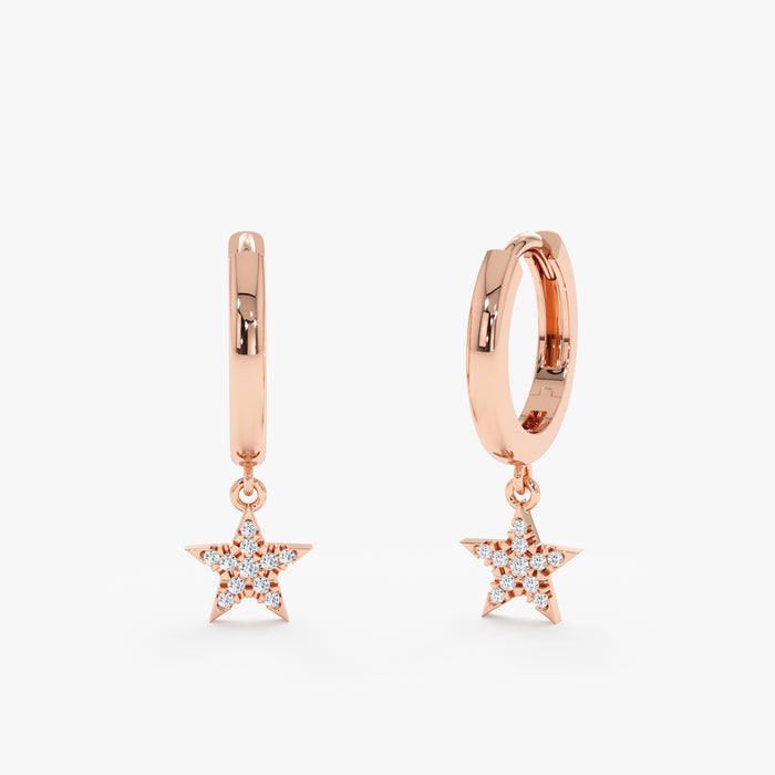 Star Dangle Round Lab-Grown Diamond Hoop Huggie Earrings 0.06 CTW – 22 Stones | 10K, 14K, 18K Gold | IGI Certified