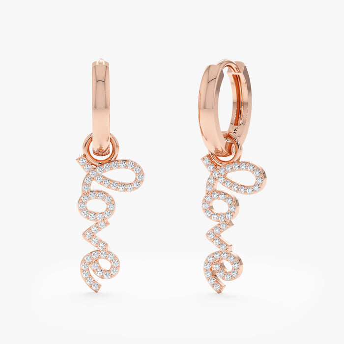 Hoop Huggie Earrings with “LOVE” Dangle 0.23 CTW – 92 Round Lab-Grown Diamonds | 10K, 14K, 18K Gold | IGI Certified