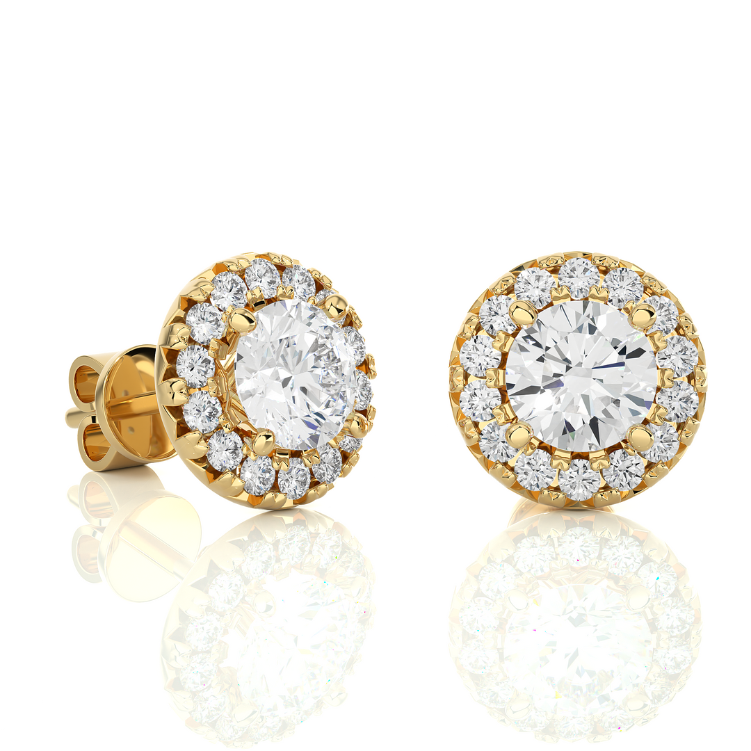 1.90 CTW Round Cut Diamond Halo Push Back Earrings, 10K 14K 18K White Yellow Rose Gold, IGI Certified