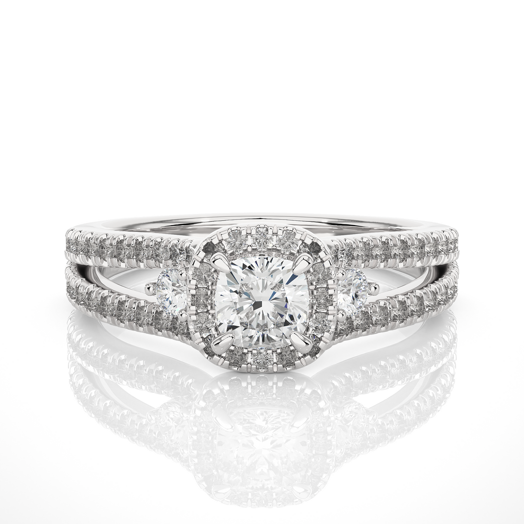0.96 Carat Three Stone Cushion & Round Lab-Grown Diamond Ring | Micro Pavé Band