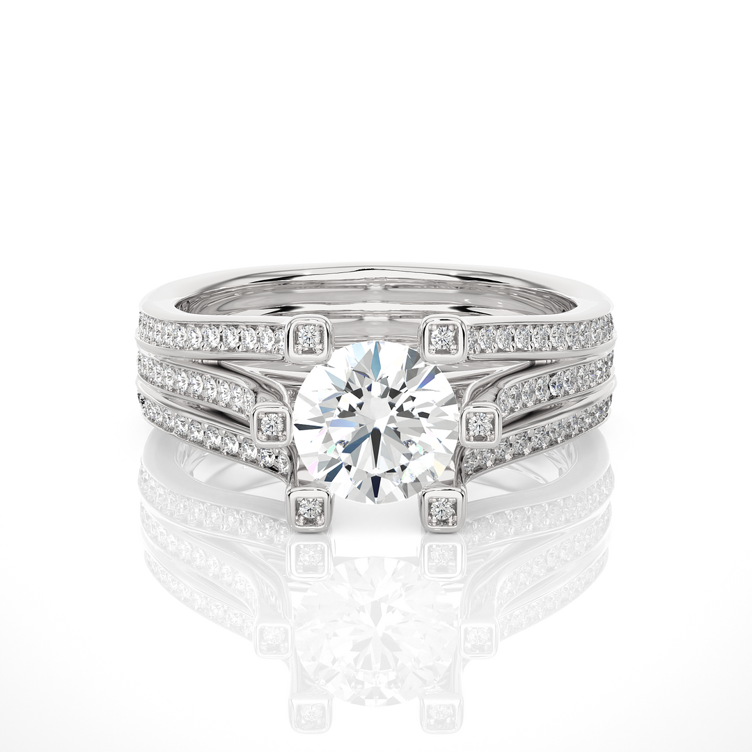 1.48 CTW Round Lab-Grown Diamond Engagement Ring with Three-Row Pave Set E-F / VVS-VS