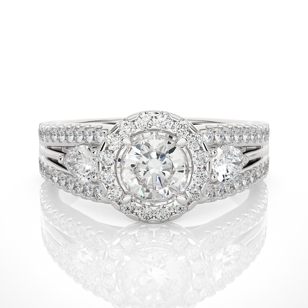 1.43 CT Round Center with Pear & Round Side Lab Grown Diamond Halo Ring | Split Shank, 83 Stone Gold Band