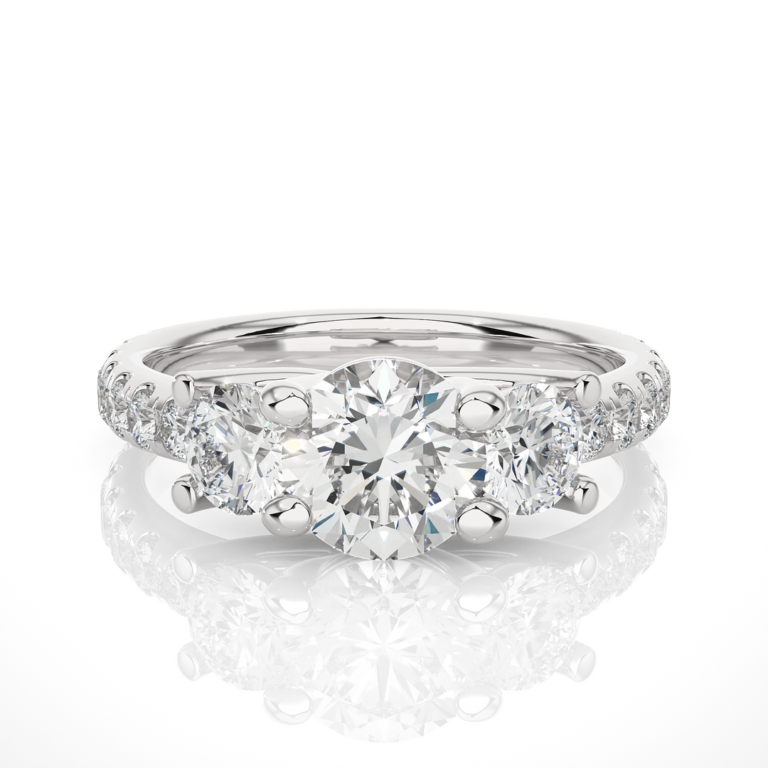 2.35 CT Round Center with Round Side Lab Grown Diamond Three Stone Ring | 17 Stone Gold Band