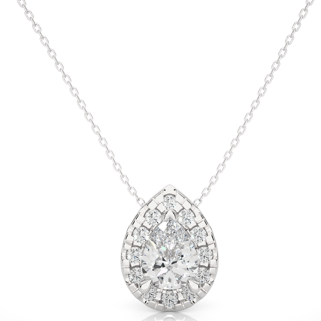 0.80 CT Lab-Grown Diamond Halo Pendant Necklace | Pear & Round Diamonds | Solid Gold