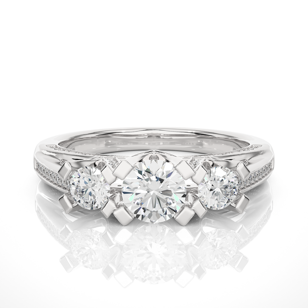 1.20 Carat Three Stone Round Lab-Grown Diamond Ring | Pavé Side Stone Band