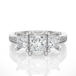 Load image into Gallery viewer, 2.19 CT Princess Cut Three Stone Lab Grown Diamond Ring with Round Side Stones | 13 Stone Gold Band
