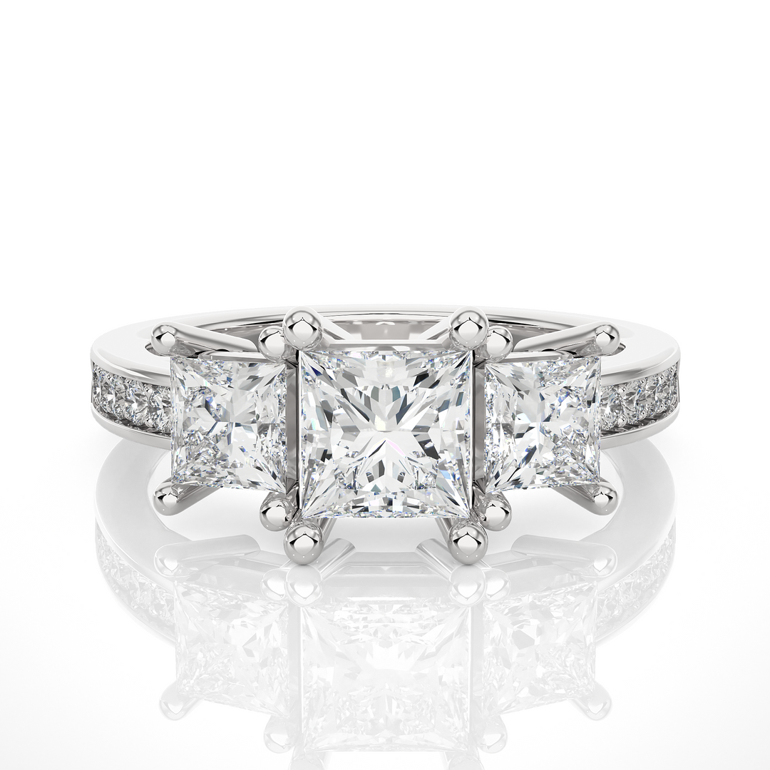 2.19 CT Princess Cut Three Stone Lab Grown Diamond Ring with Round Side Stones | 13 Stone Gold Band