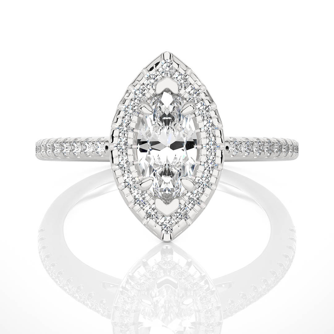 0.89 CT Marquise Halo Lab Grown Diamond Ring with Round Side Stones