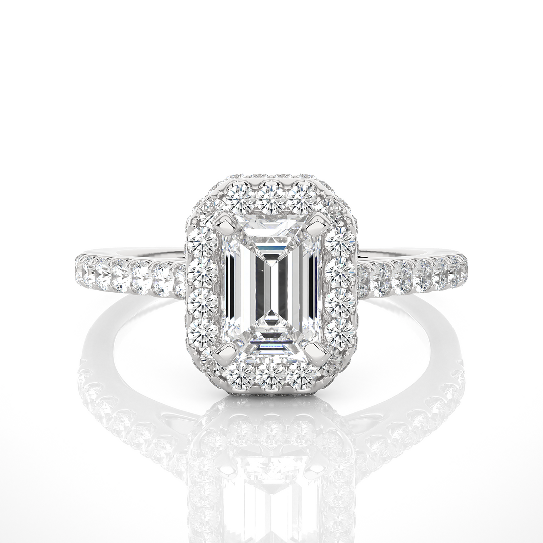 1.44 CT Emerald Center Halo Lab Grown Diamond Ring | 73 Stones