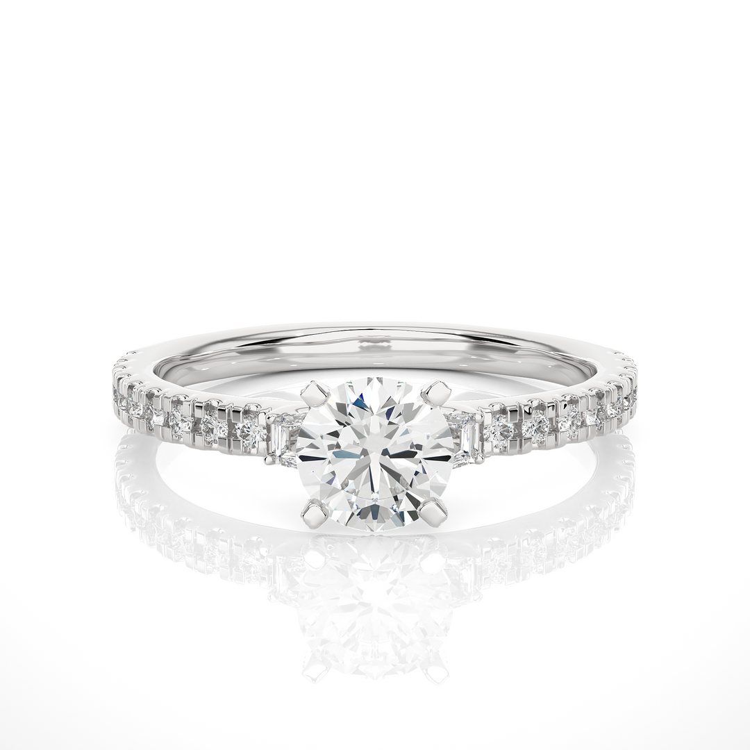 0.97 CT Round Center with Baguette & Round Side Lab Grown Diamond Three Stone Ring | 21 Stone Gold Band