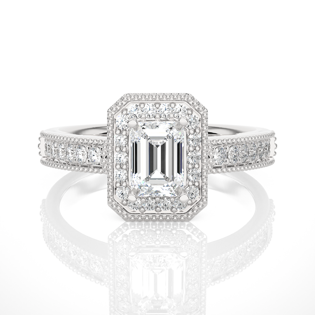 1.07 CT Emerald Halo Lab Grown Diamond Ring with Milgrain & Side Stones