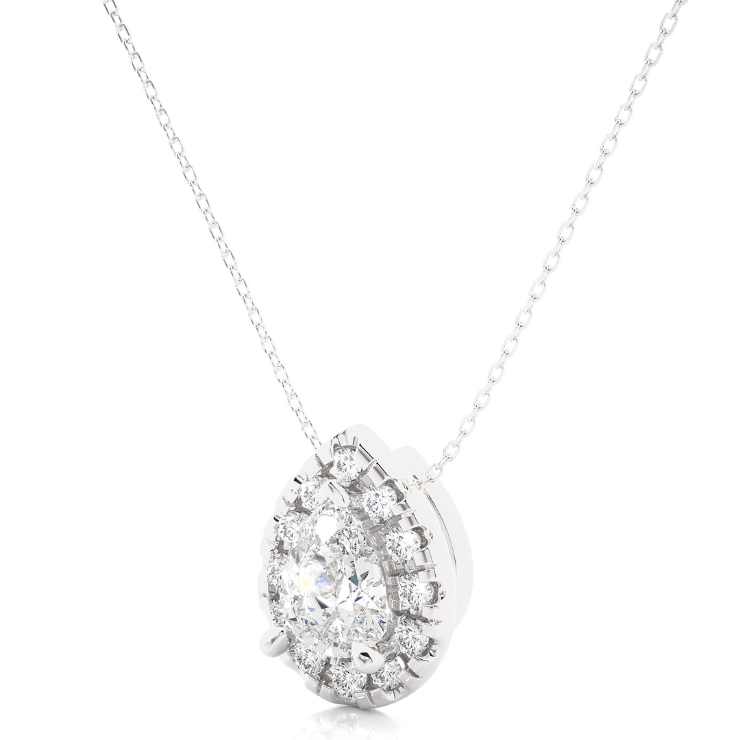 0.80 CT Lab-Grown Diamond Halo Pendant Necklace | Pear & Round Diamonds | Solid Gold