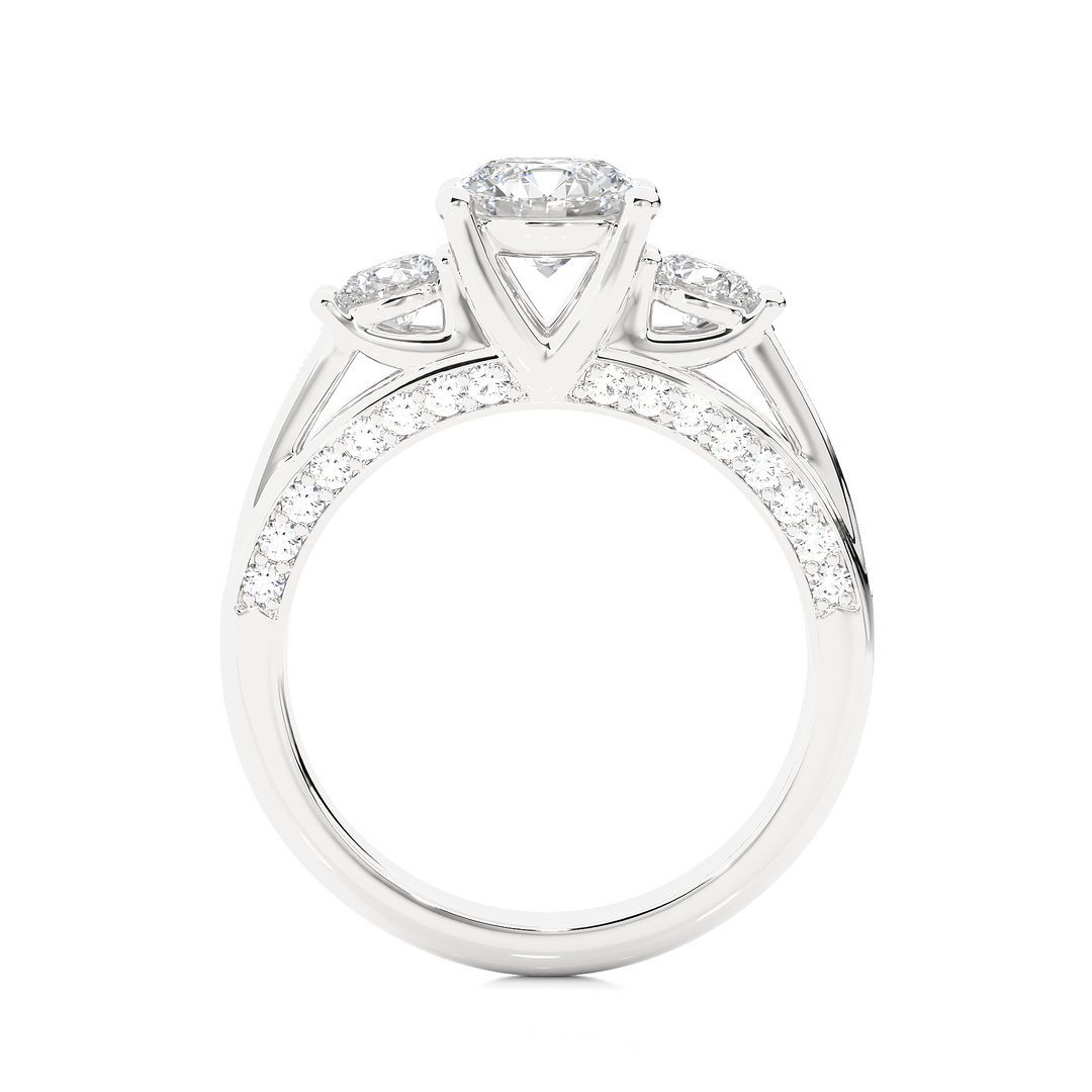 1.98 CT Round Center with Round Side Lab Grown Diamond Three Stone Ring | 49 Stone Gold Band