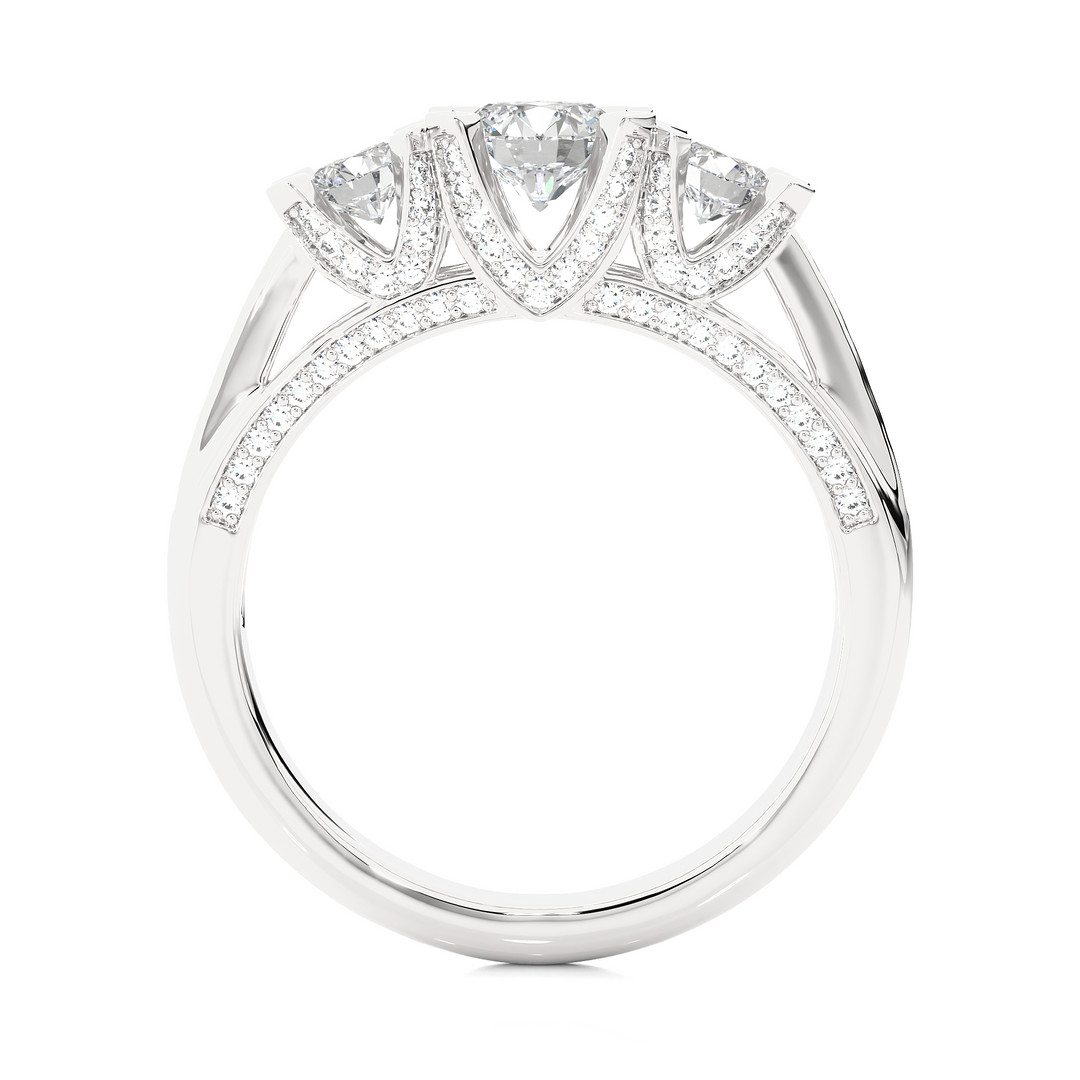 1.20 Carat Three Stone Round Lab-Grown Diamond Ring | Pavé Side Stone Band