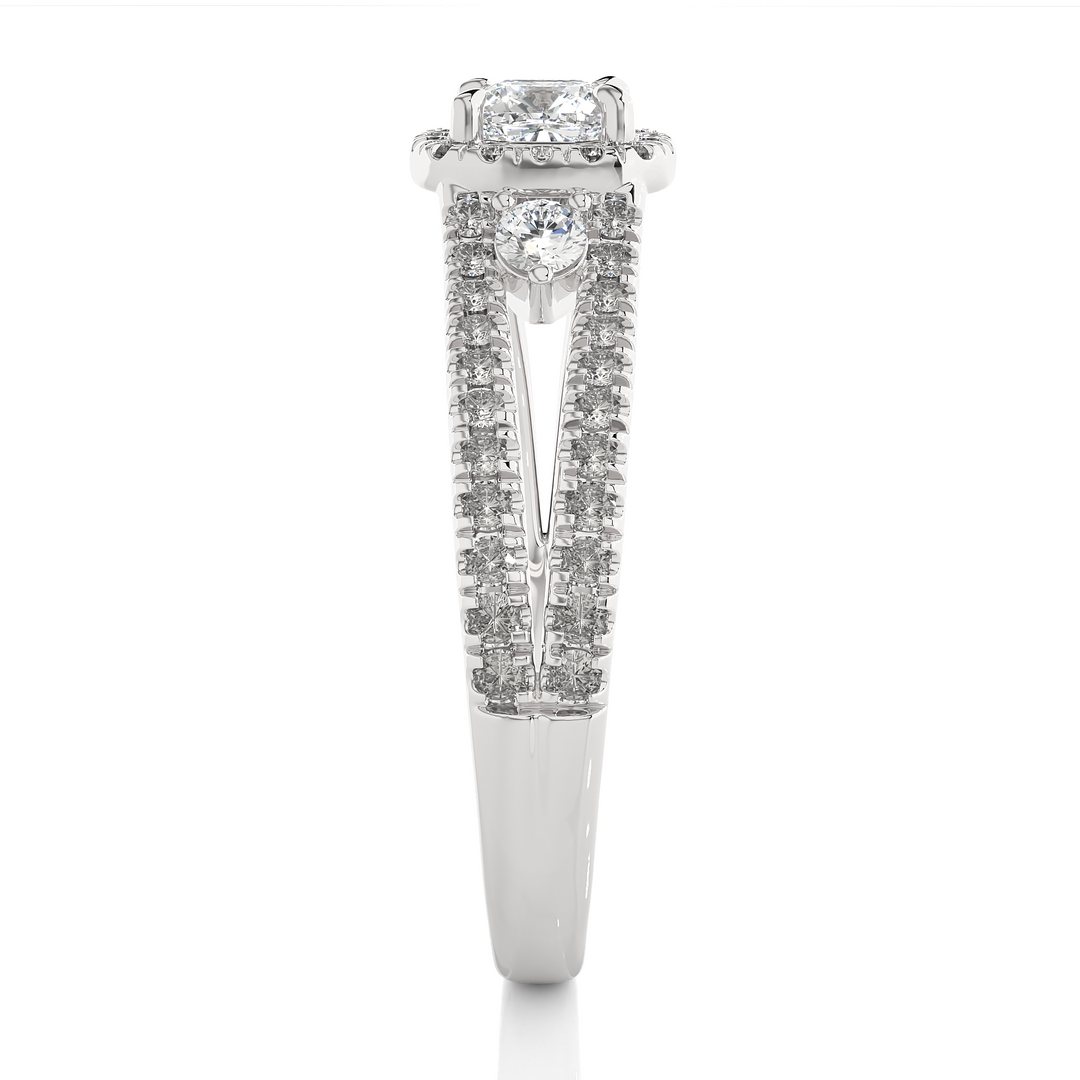 0.96 Carat Three Stone Cushion & Round Lab-Grown Diamond Ring | Micro Pavé Band