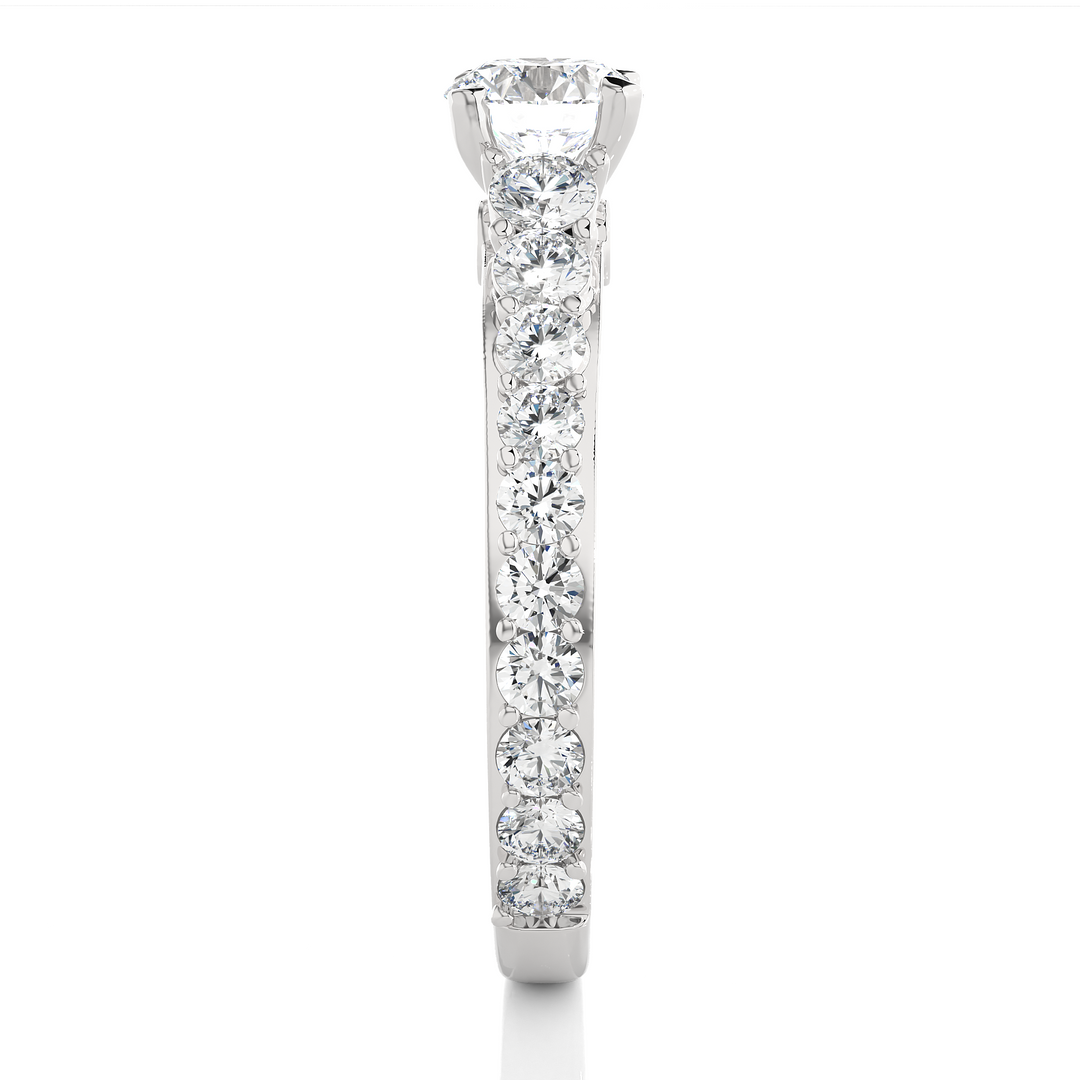 1.79 CT Round Center with Round Side Lab Grown Diamond Three Stone Ring | 111 Stone Gold Band