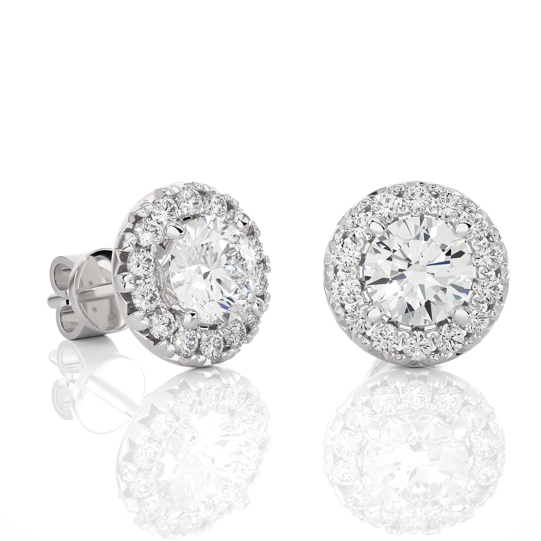 1.90 CTW Round Cut Diamond Halo Push Back Earrings, 10K 14K 18K White Yellow Rose Gold, IGI Certified