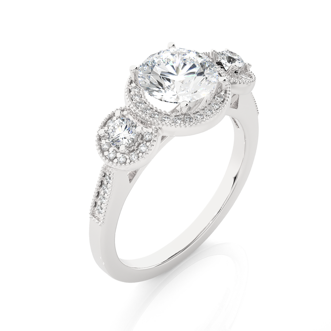 1.43 CT Round Lab Grown Diamond Halo Ring with Milgrain & Round Side Stones | 51 Stone Gold Band