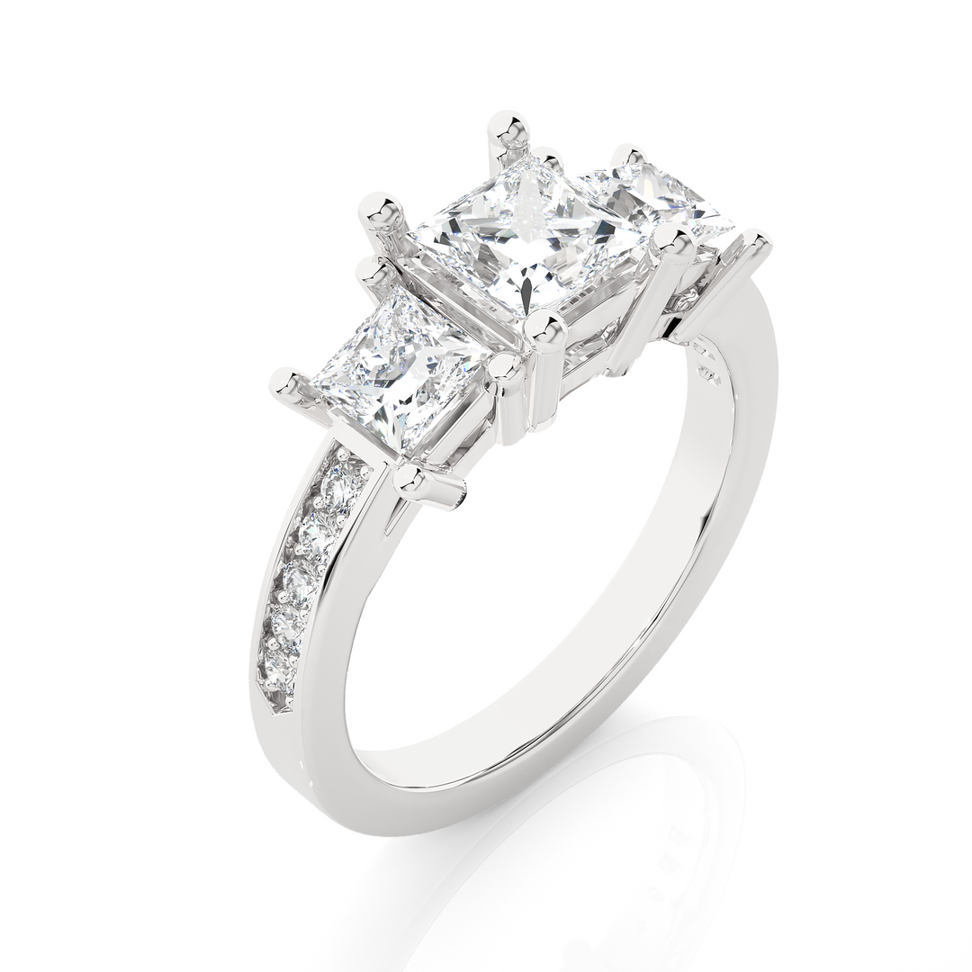 2.19 CT Princess Cut Three Stone Lab Grown Diamond Ring with Round Side Stones | 13 Stone Gold Band