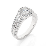 Load image into Gallery viewer, 1.43 CT Round Center with Pear &amp; Round Side Lab Grown Diamond Halo Ring | Split Shank, 83 Stone Gold Band
