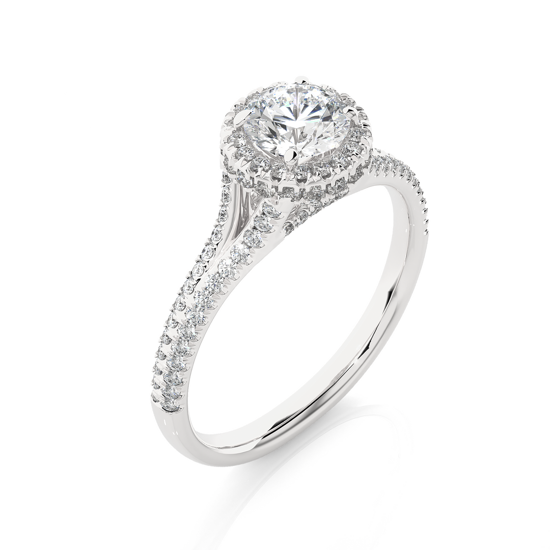 1.07 CT Split Shank Halo Lab Grown Round Diamond Ring with 115 Stones