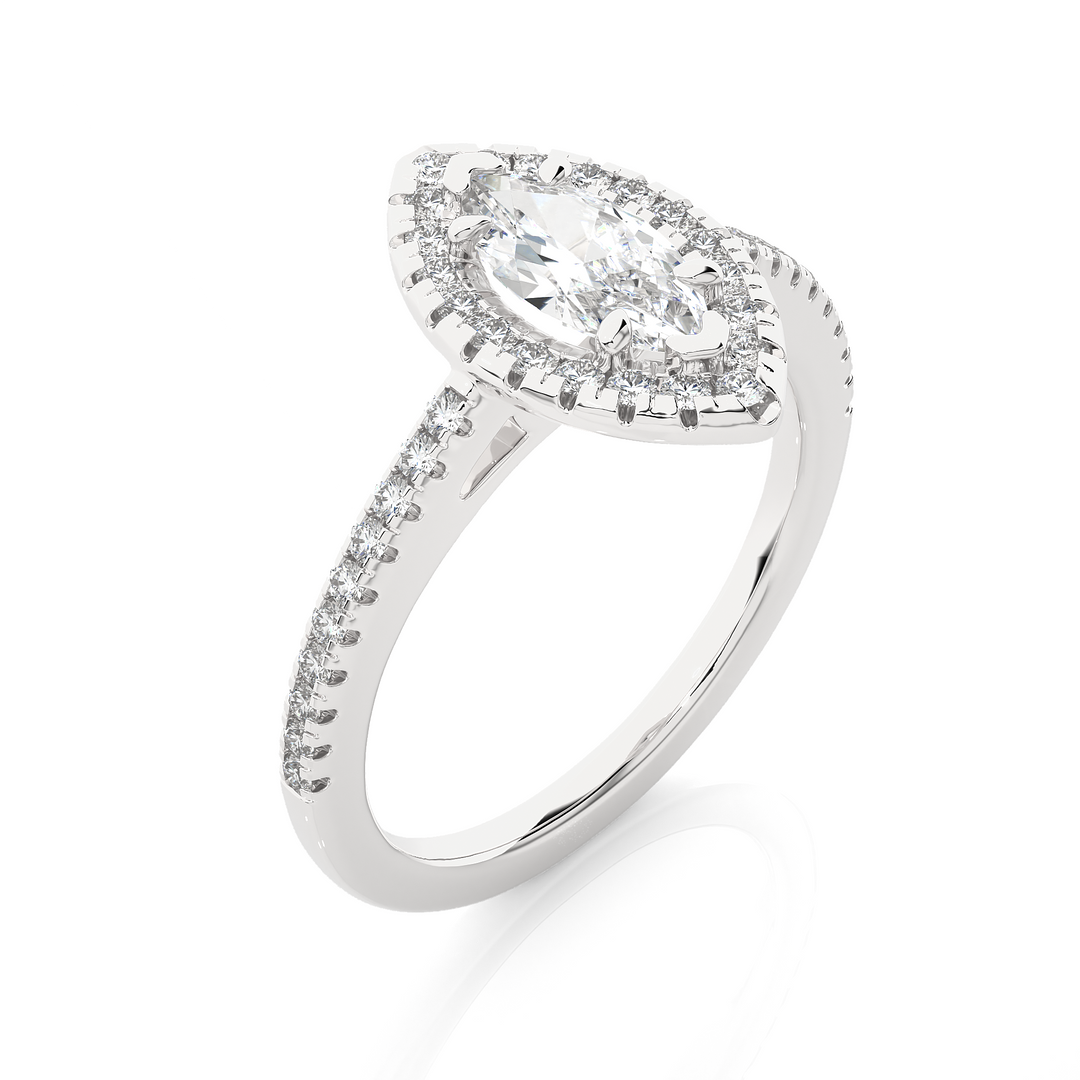 0.89 CT Marquise Halo Lab Grown Diamond Ring with Round Side Stones