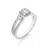 Load image into Gallery viewer, 0.96 Carat Three Stone Cushion &amp; Round Lab-Grown Diamond Ring | Micro Pavé Band
