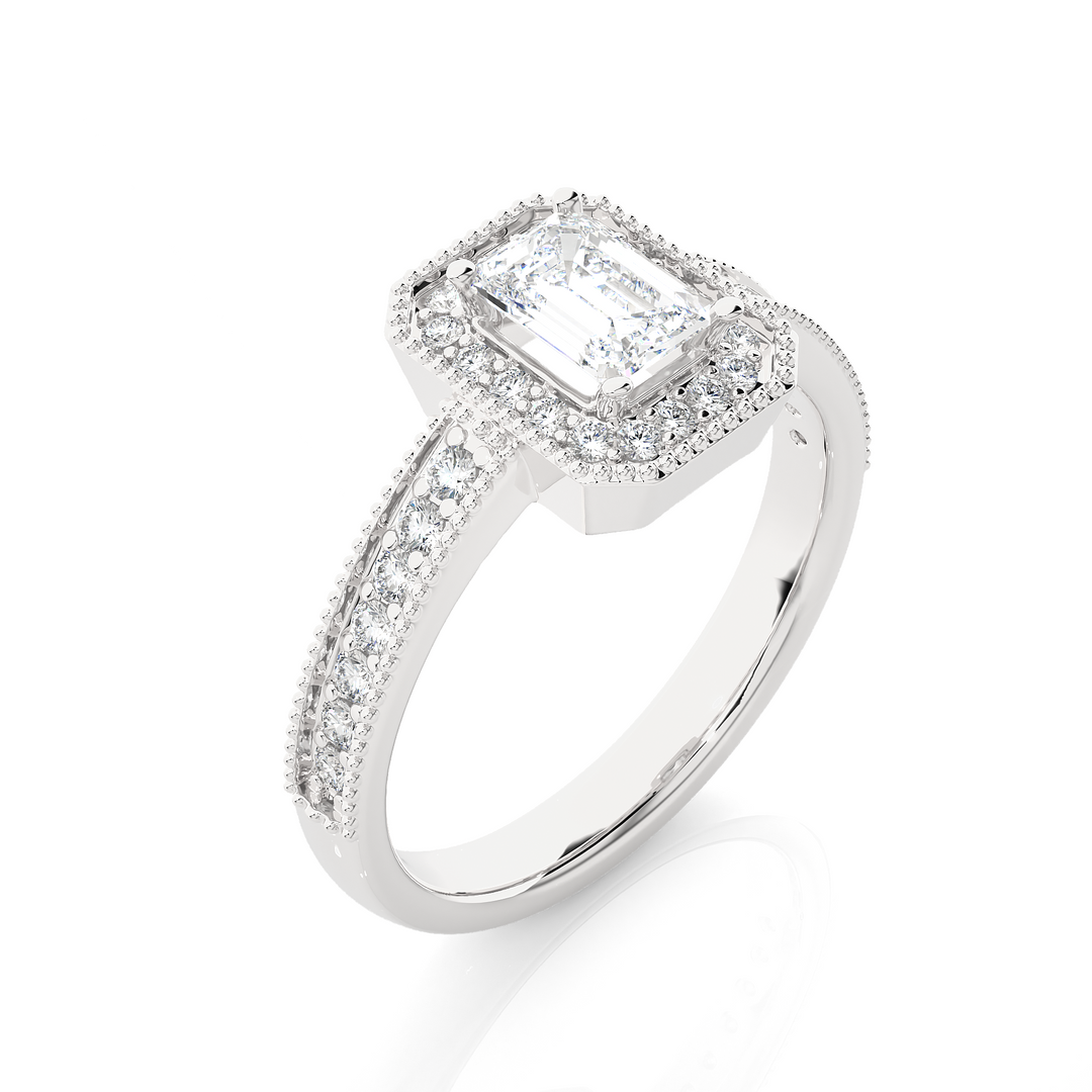 1.07 CT Emerald Halo Lab Grown Diamond Ring with Milgrain & Side Stones