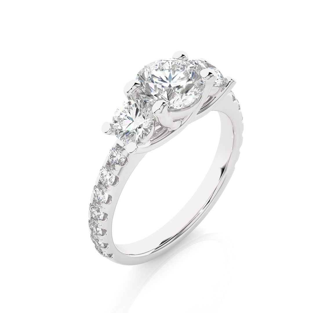 2.35 CT Round Center with Round Side Lab Grown Diamond Three Stone Ring | 17 Stone Gold Band