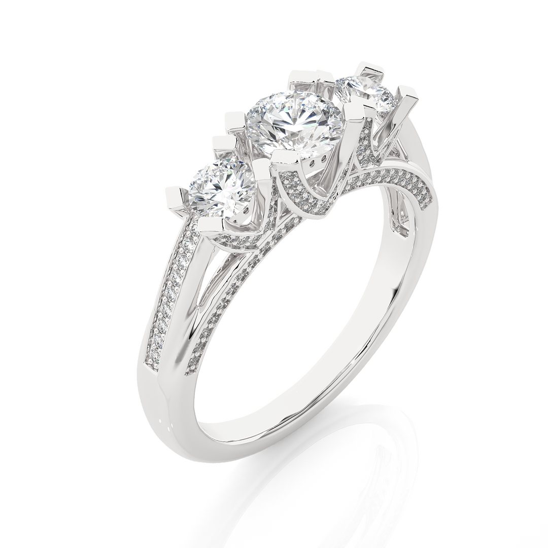1.20 Carat Three Stone Round Lab-Grown Diamond Ring | Pavé Side Stone Band