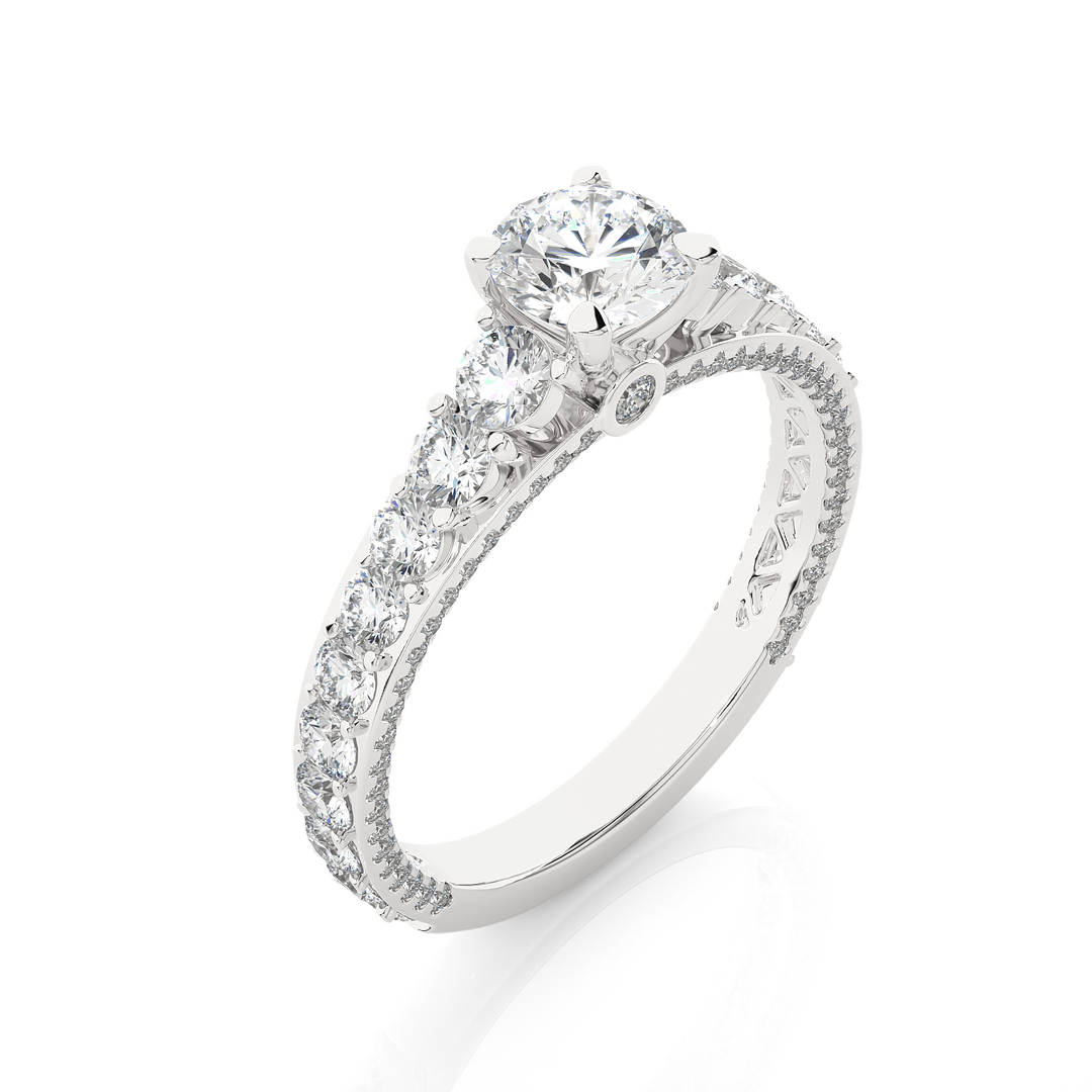1.79 CT Round Center with Round Side Lab Grown Diamond Three Stone Ring | 111 Stone Gold Band