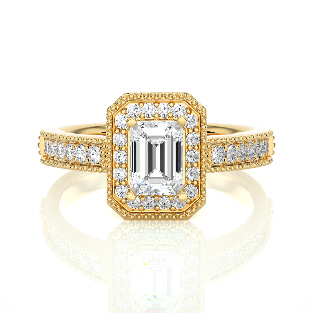 1.07 CT Emerald Halo Lab Grown Diamond Ring with Milgrain & Side Stones
