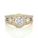 Load image into Gallery viewer, 1.43 CT Round Center with Pear &amp; Round Side Lab Grown Diamond Halo Ring | Split Shank, 83 Stone Gold Band
