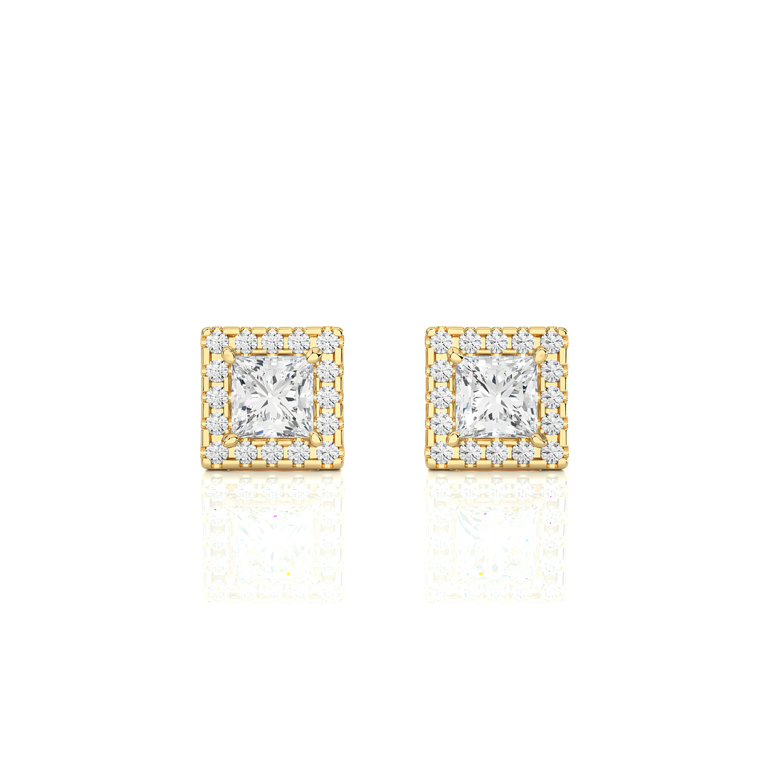 Princess & Round Lab Grown Diamond Halo Stud Earrings 2.15 CTW – 34 Stones, 10K 14K 18K White Yellow Rose Gold, IGI Certified